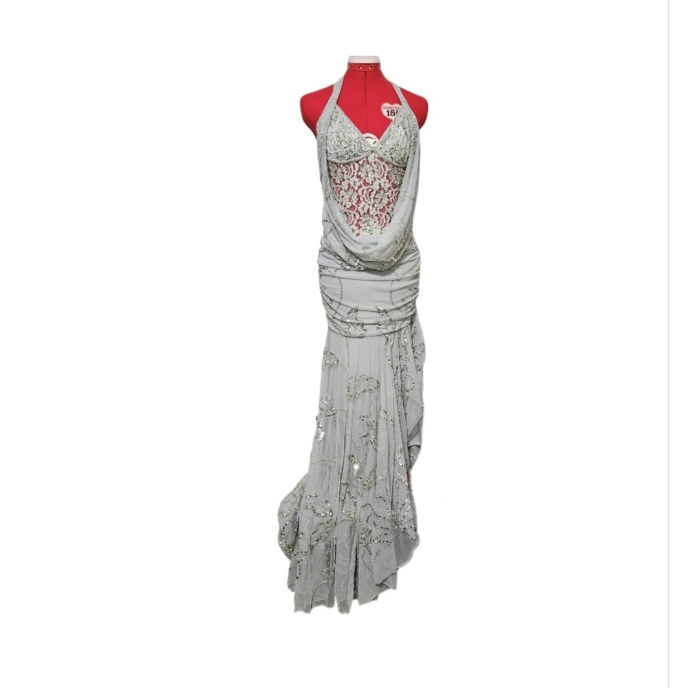Sexy silver grey gown with lace front, form fitting, thigh high slit.